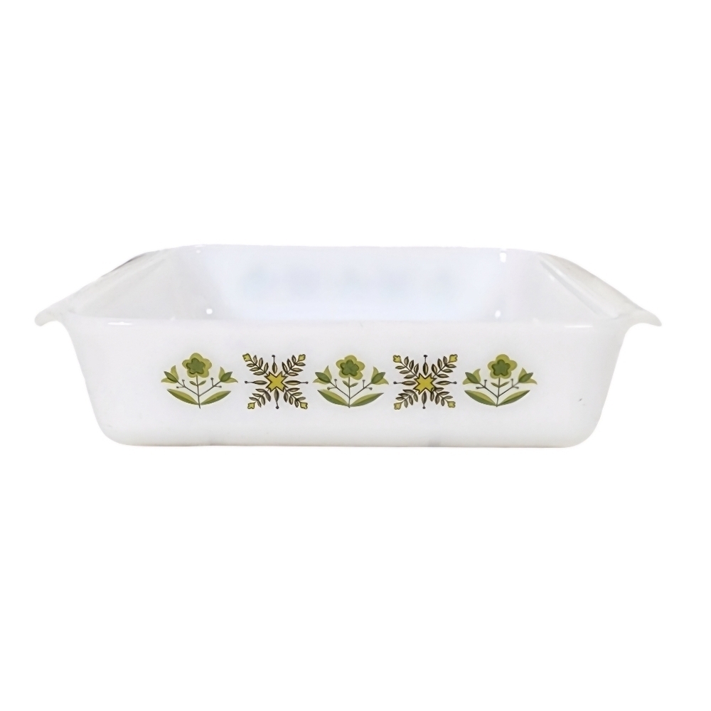 Vintage Anchor Hocking 8" Green Meadow Cake Pan Milk Glass Fire King Ovenware
